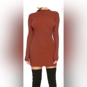 Naked Wardrobe Mock Neck Long Sleeve Dress in Brown